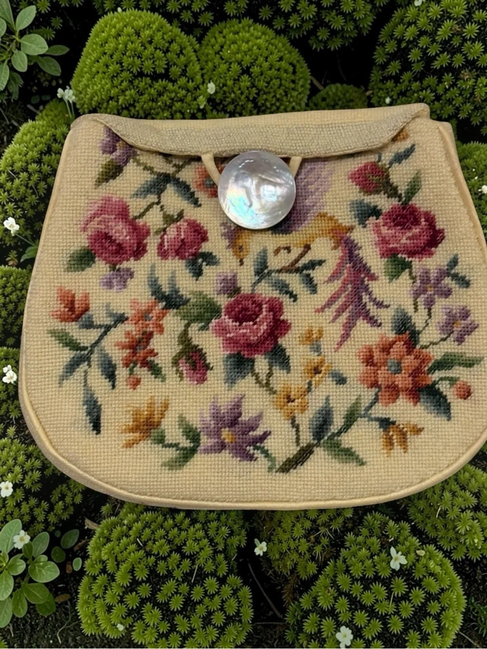1920’s-30’s Needle Point Floral Clutch with Large Abalone Pearl Saucer Closure